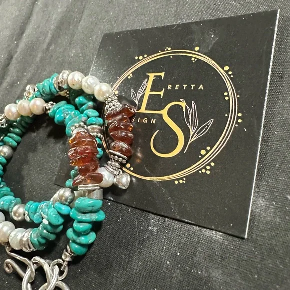 Turquoise and. freshwater pearl Baltic, Amber and Sterling silver bracelet
